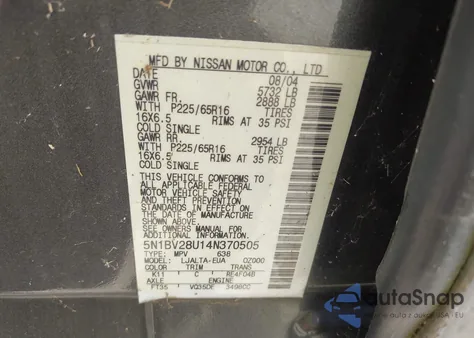 2004 Nissan Quest 3.5 Sl from USA, damaged, VIN 5N1BV28U14N370505